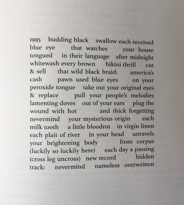 Photo of the interior of Beast Meridian by Vanessa Angélica Villarreal showing a poem on page 33 beginning "1995 budding black swallow each received blue eye that watches your house"