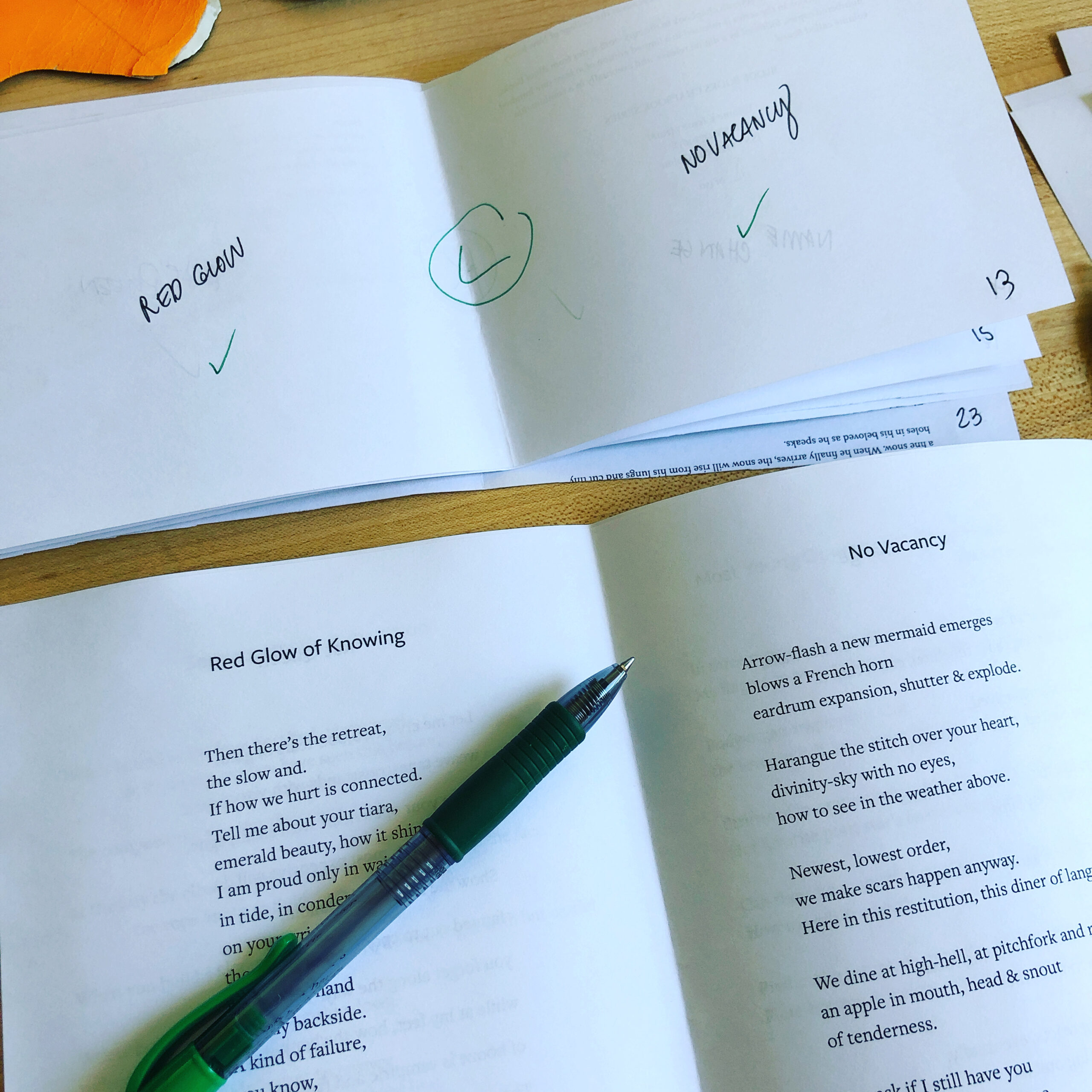 Printed proof of Rat Queen by Katie Jean Shinkle with small hand-marked mockbook showing imposition notes. The book's two central poems can be partially seen: "Red Glow of Knowing" on the left page and "No Vacancy" on the right.