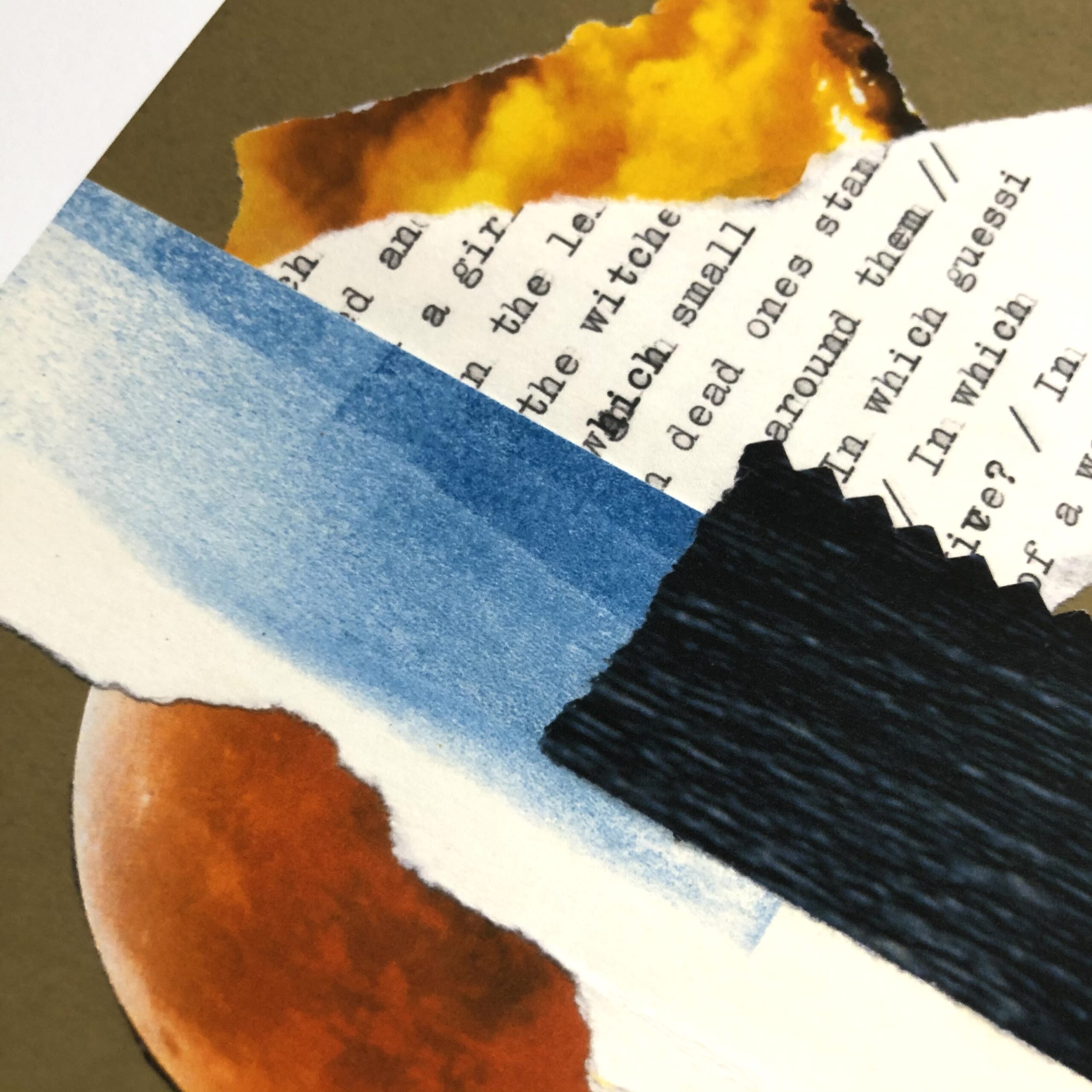 Detail of the collage called (PAPER RUSTLING AND CRINKLING). Torn pieces of fire, ink swipe, and typescript are layered over a cut piece of dark ocean waves and a red planet, against a kraft-brown background.