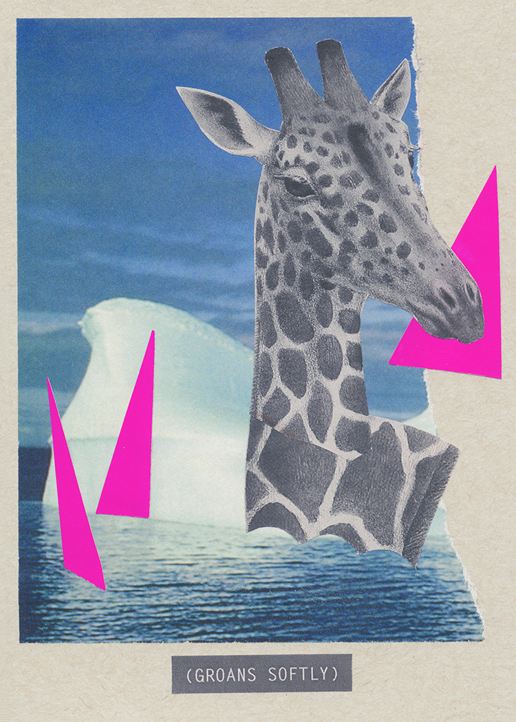 A collage of a black-and-white giraffe swimming in water with some large hot pink triangles and an iceberg. Below the water is a closed-caption style title: (GROANS SOFTLY).
