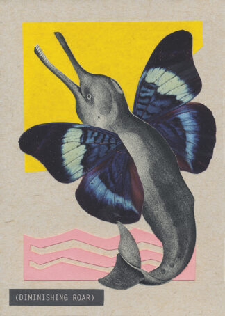 A dolphin-like sea creature with blue, black, and purple butterfly wings leaps into a yellow sky from pink waves in this hand-cut collage on kraft brown stock. A closed-caption style title appears in the lower left: (DIMINISHING ROAR). Versions with white borders are giclée reproductions.