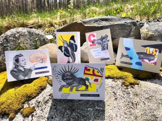 Five multicolored greeting cards featuring the collage designs, standing on a mossy boulder in the sunlight.