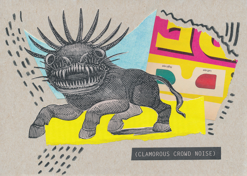 A black-and-white cryptid creature cavorts in a setting of blue, yellow, and hot pink torn and cut papers, accented by black oil pastel marks and dashes. The creature has ten spiky horns on its head, a wide mouth full of sharp teeth, four legs with hooves, and a horselike tail. The closed caption–style title in the lower right says Clamorous Crowd Noise in all caps.