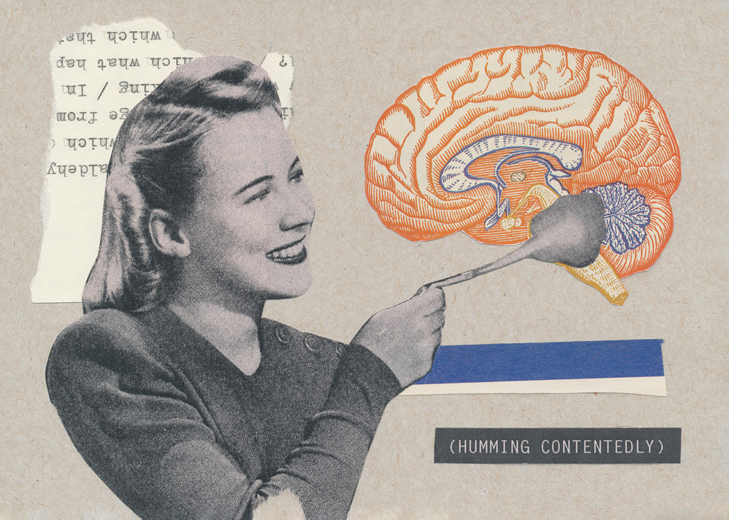 A grayscale woman from a vintage pest control ad dusts an orange brain. Behind her head a bit of a torn typescript from a manual typewriter is partially visible. Closed caption–style title says Humming Contentedly in all caps in the lower right.